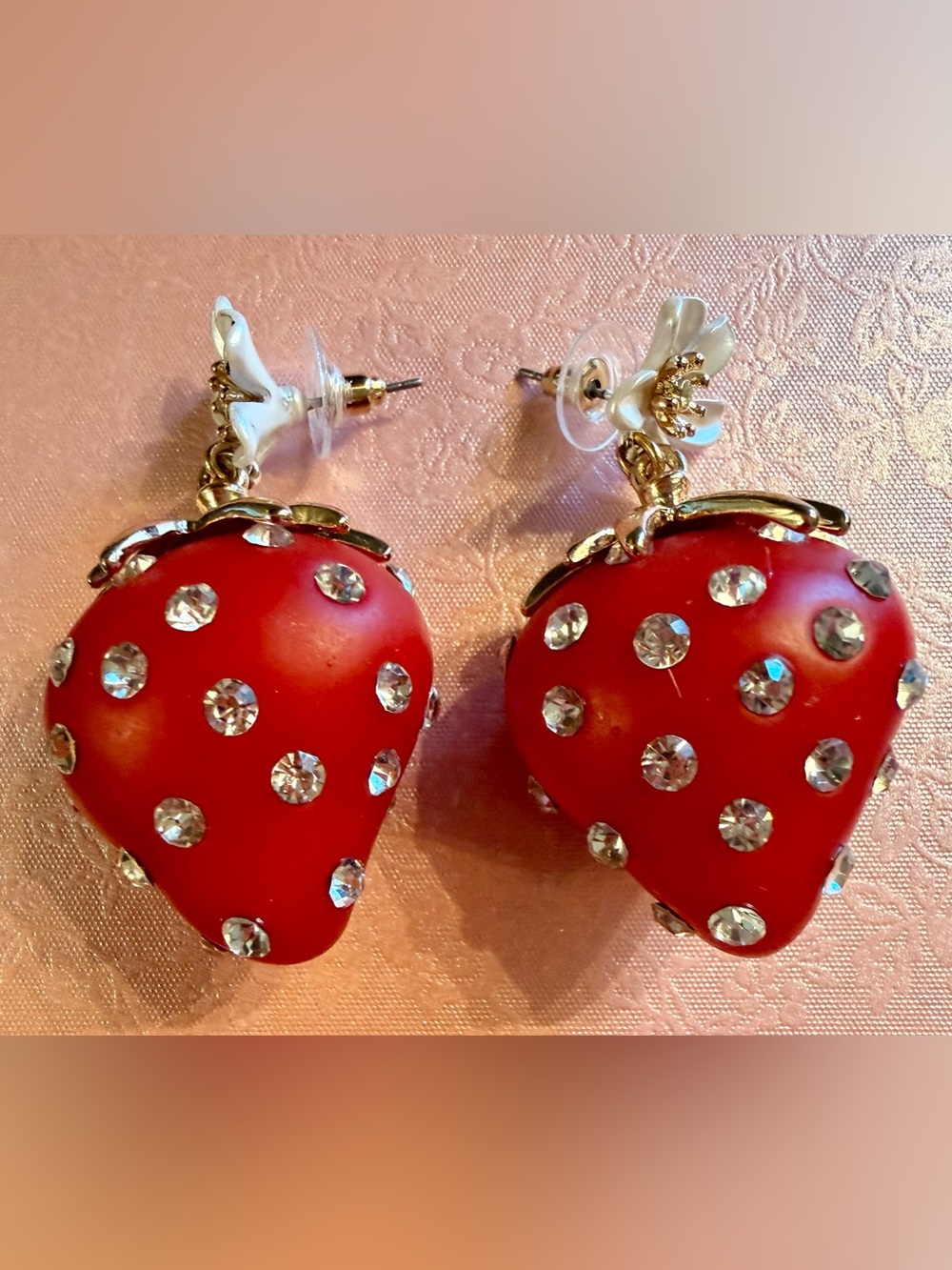 Betsey Johnson 3D Red Strawberry Earrings w/Gold Accents.